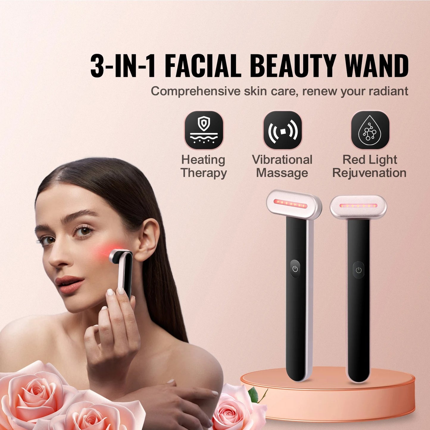 Red Light Therapy Wand For Face, 7Color LED Facial Wand Red Light Therapy Device With Heatig Microcurrent Vibrating Massage